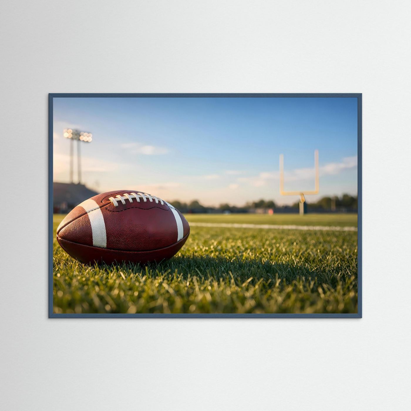 Sport-Poster Querformat mit American-Football auf Rasen, grauer Rahmen