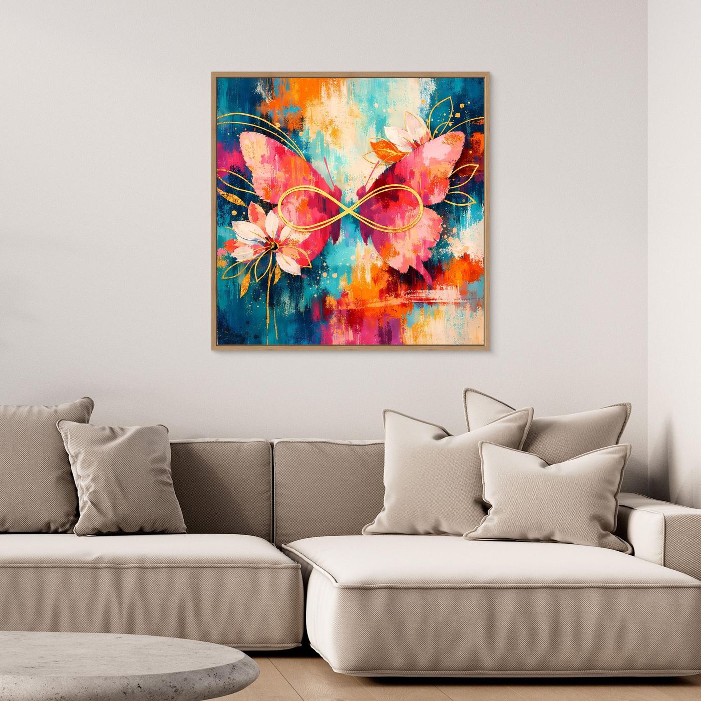 Quadratisches Leinwandbild mit dunklem Rahmen: Schmetterlinge, Unendlichkeitsschleife, Blüten