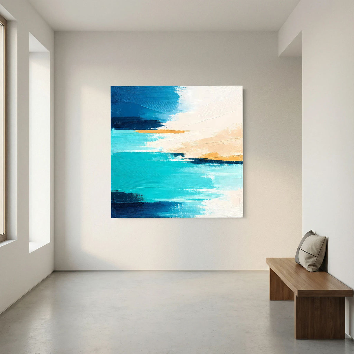 Abstraktes Leinwand-Wandbild türkis-beige, quadratisch, mit hellem Rahmen