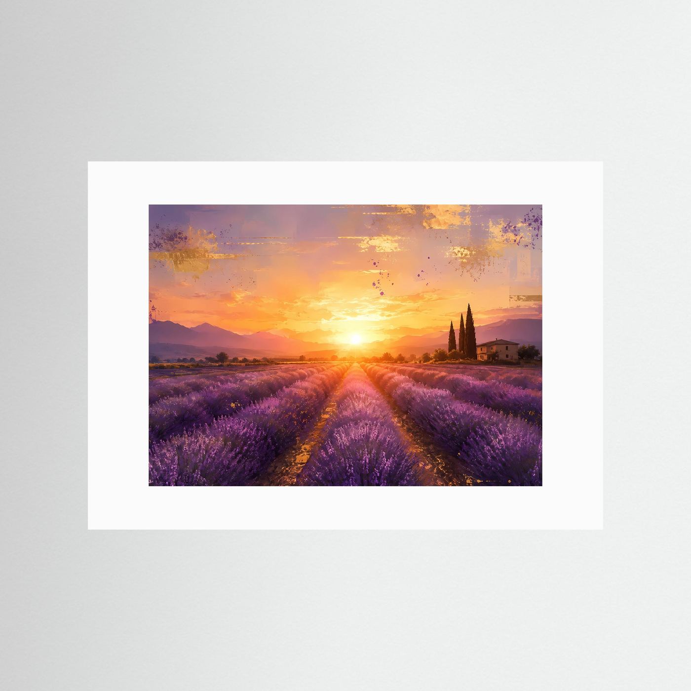 Lavendelfeld in der Provence bei Sonnenuntergang | Romantisches Poster in Lila & Gold | Panoramabild Querformat