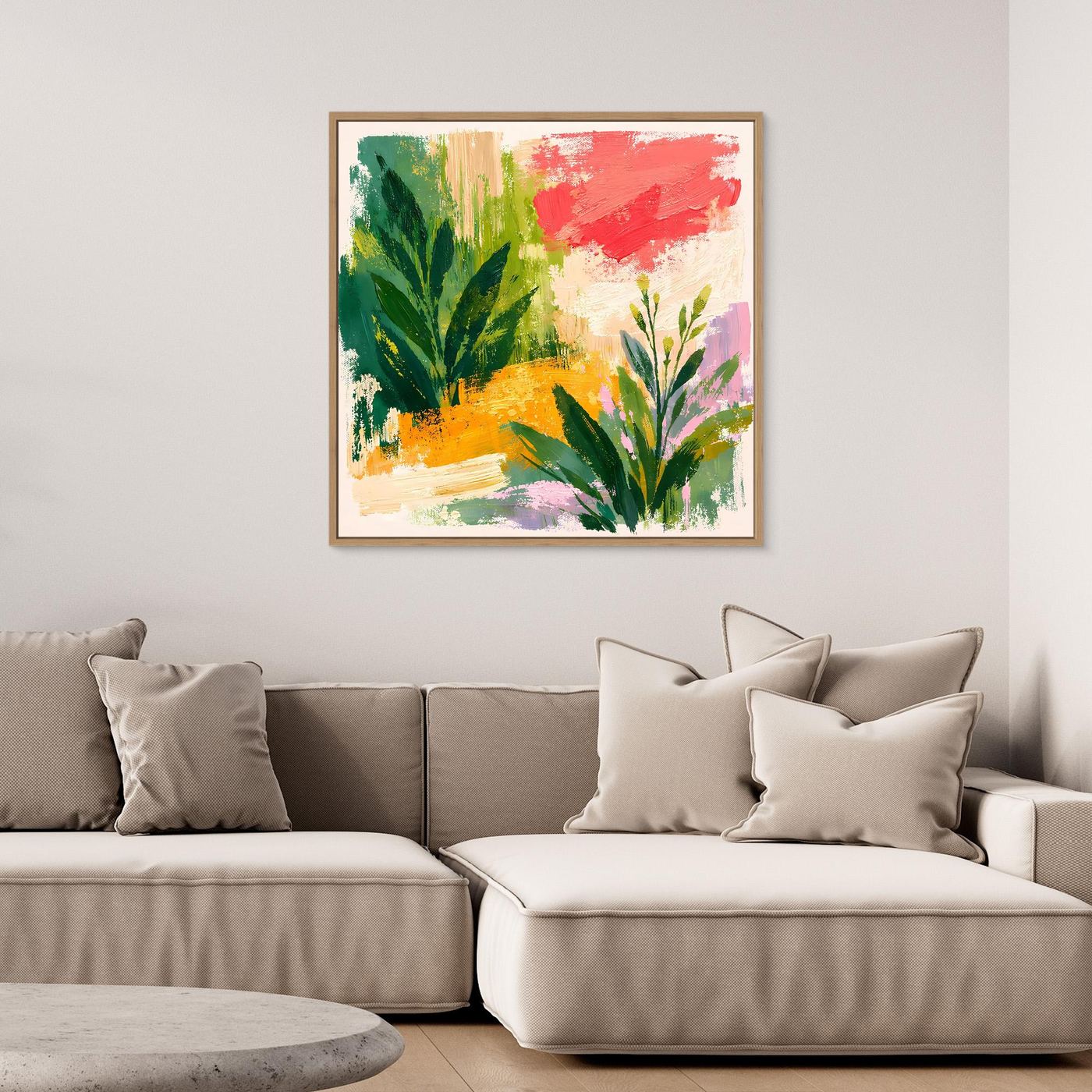 Abstract botanical wall art canvas with multicolor leaves and red brush strokes, oak frame