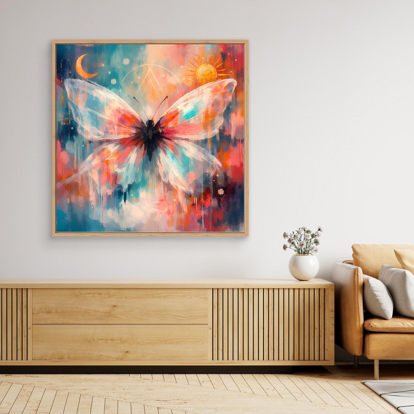 Leinwand-Wandbild mit kosmischem Schmetterling, Sonne und Mond, mit goldenem Rahmen
