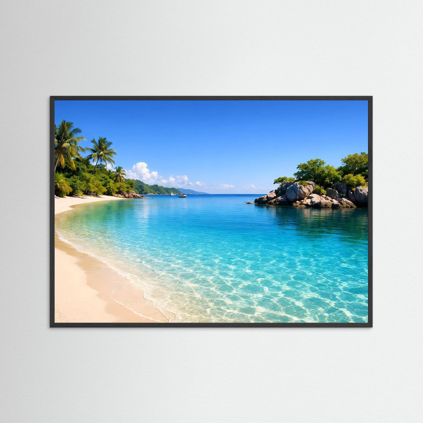 Querformat Poster im schwarzen Rahmen: tropischer Strand, türkises Meer, Palmen