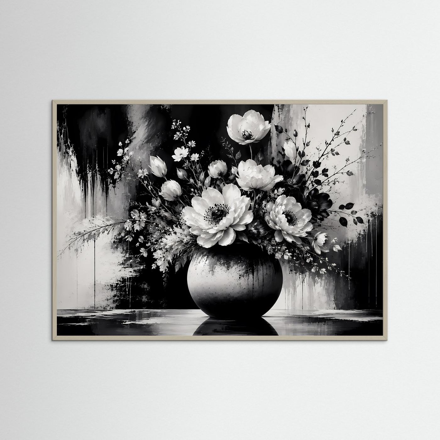 Schwarz Weiß Blumen Poster | Eleganter Blumenstrauß in Vase | Moderne Florale Wandkunst | Monochromes Wandbild