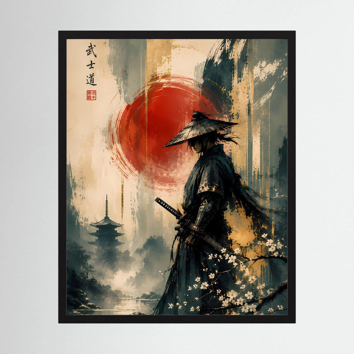 Japanisches Samurai-Poster im schwarzen Rahmen mit roter Sonne, Nebel und Schwertträger