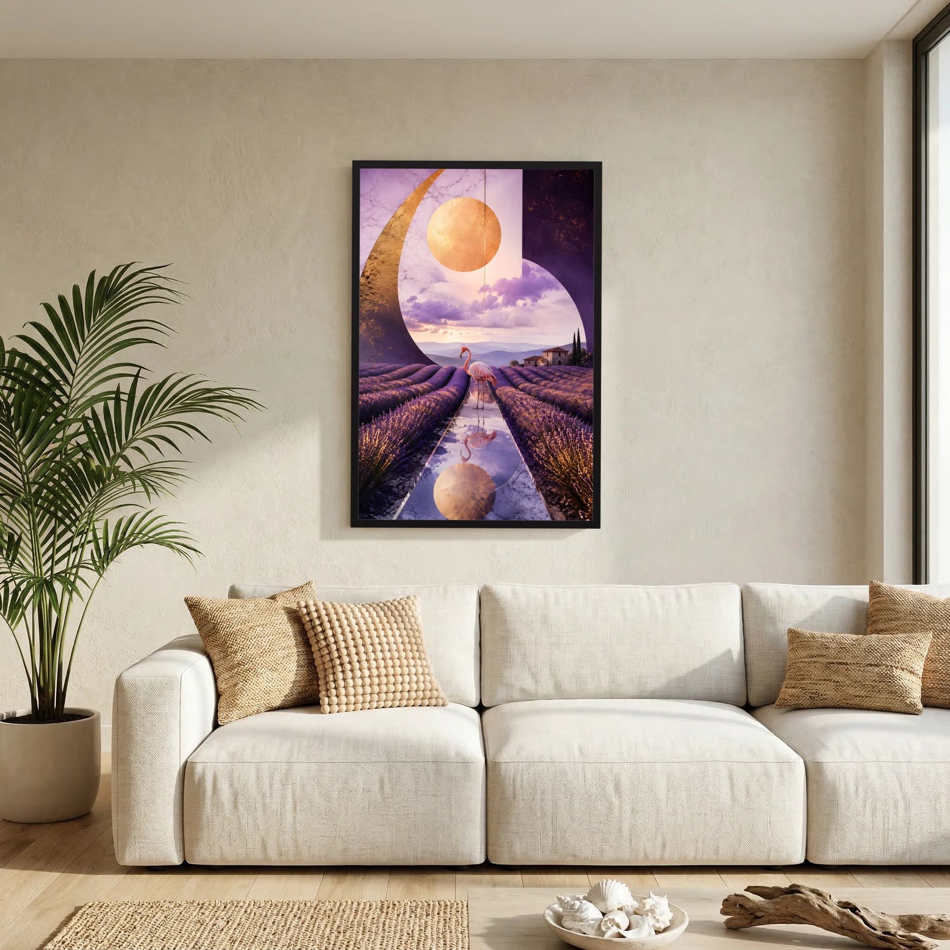 Kunstposter Flamingo im Lavendelfeld, violette surreale Landschaft, schwarzer Rahmen