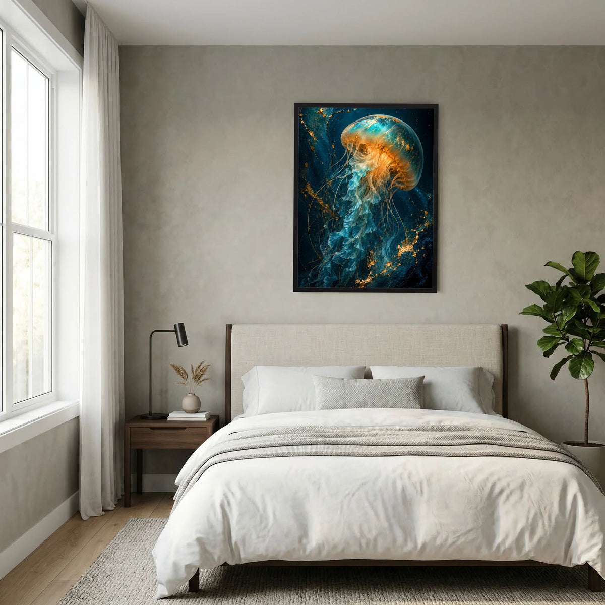Gerahmtes Poster mit Qualle in Türkis und Gold, blau-goldener Schimmer, schwarzer Rahmen