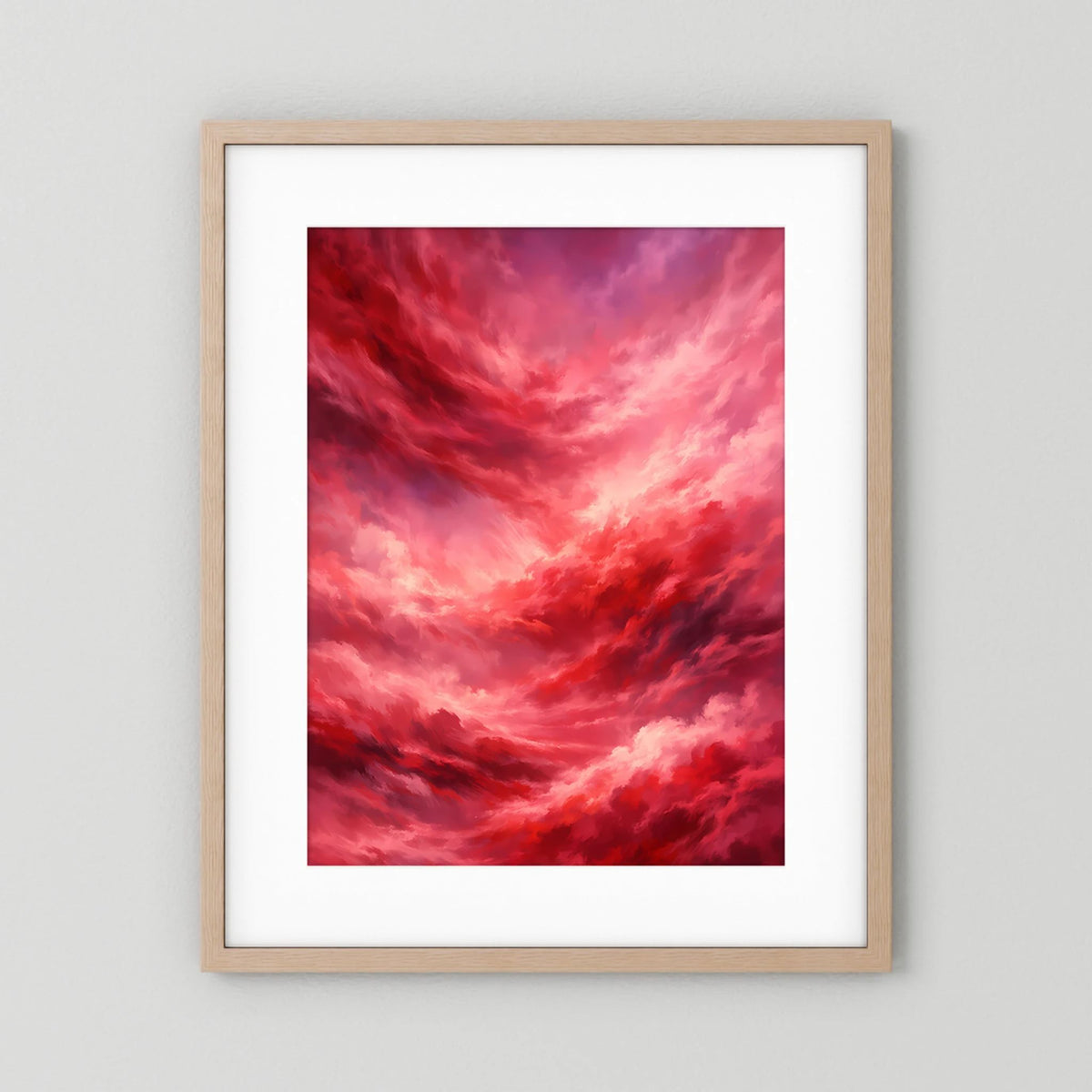 Hochformat-Poster mit rotem Wolkenhimmel, hellbrauner Holzrahmen mit weißem Passepartout.