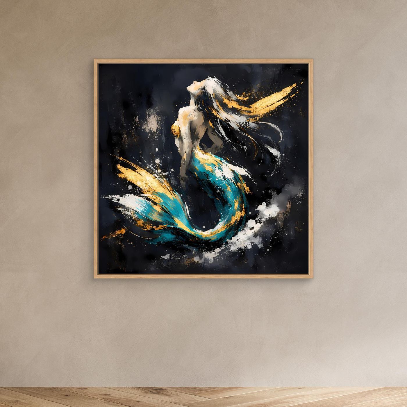 Leinwand Elegante Meerjungfrau in Türkis und Gold | Modernes Fantasy Wandbild