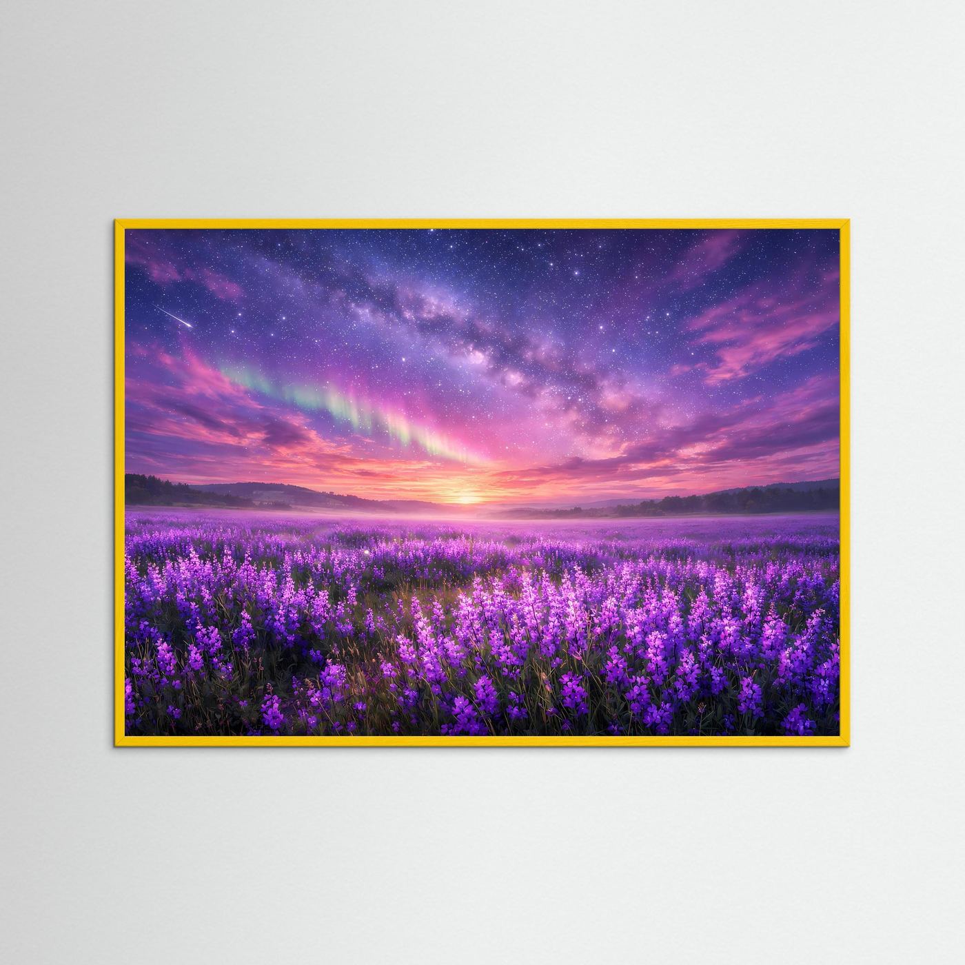 Lavendelfeld-Wandbild mit Sternenhimmel und violetten Blüten, gelber Rahmen
