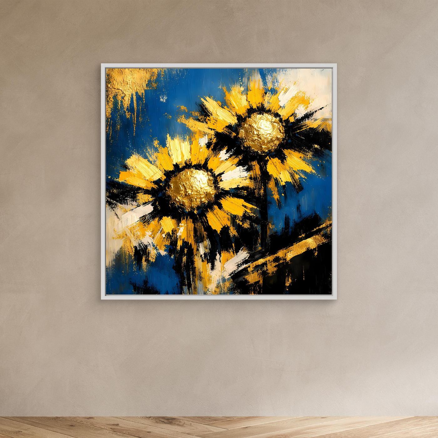 Wandbild mit weißem Rahmen und Sonnenblumen-Motiv in Blau, Gelb und Gold