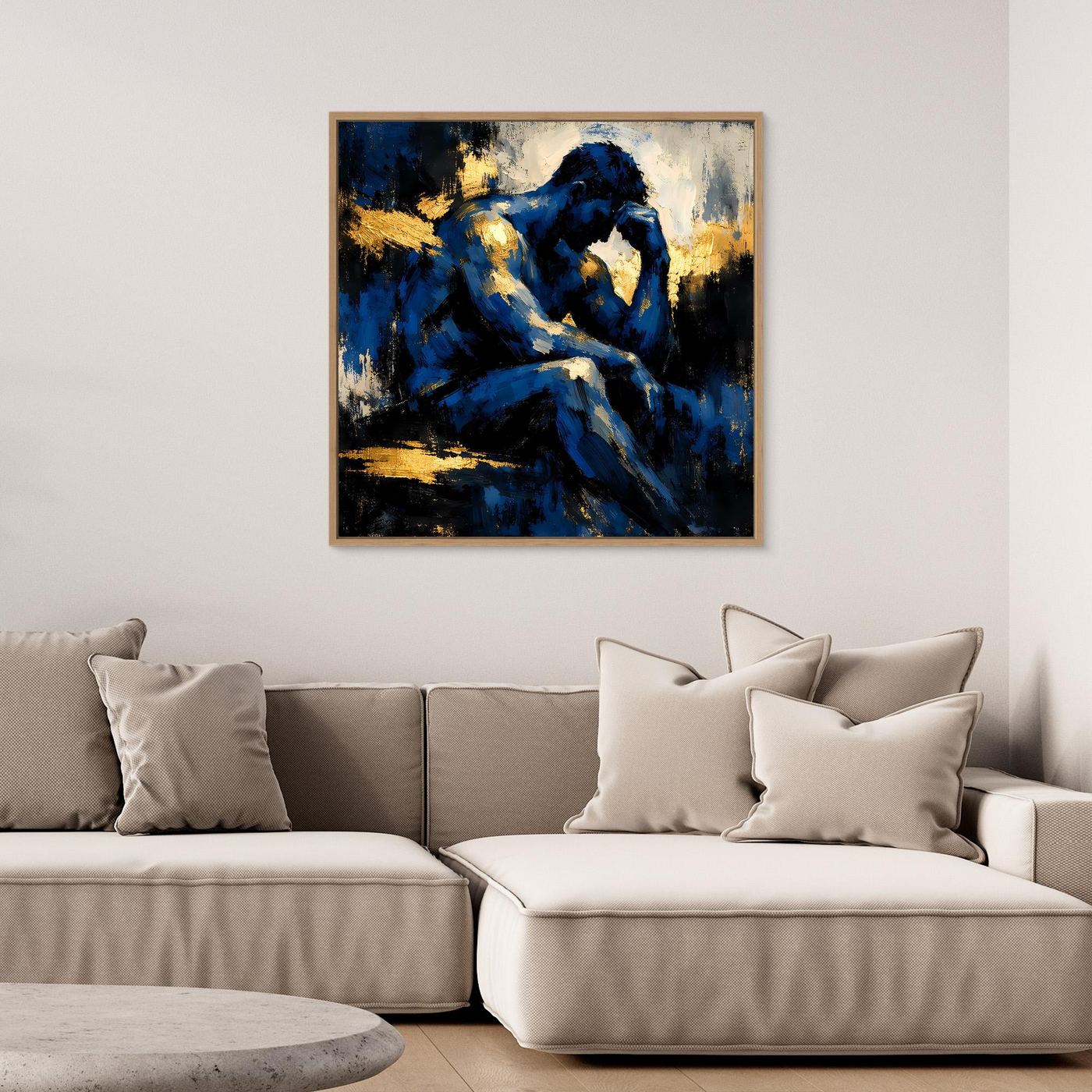 Leinwand Der Denker in Blau | Abstraktes Männersilhouette Wandbild Gold