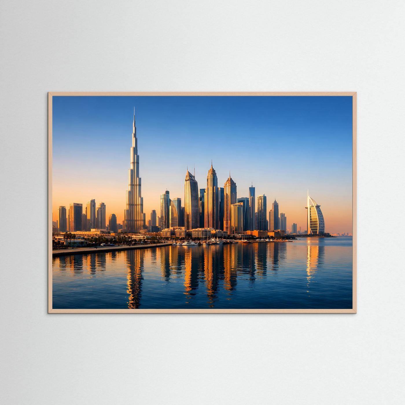 Stadtposter Panorama mit Dubai-Skyline bei Sonnenuntergang, rosafarben wirkender Holzrahmen.