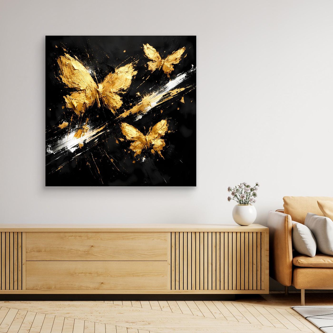 Leinwand Goldene Schmetterlinge im Flug | Abstraktes Modernes Wandbild
