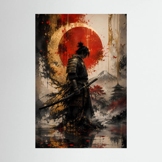 Japanisches Samurai-Kunstposter im Hochformat: Krieger mit Katana vor roter Sonne.