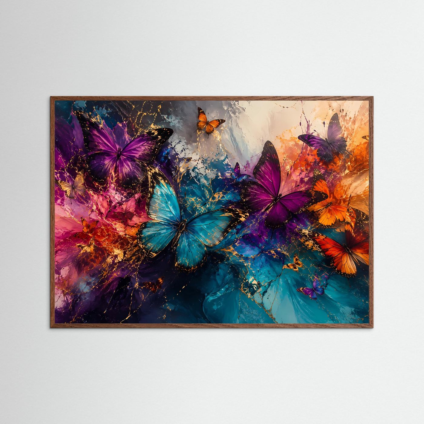 Farbenflug der Schmetterlinge | Abstrakte Schmetterlingskunst in Türkis, Violett & Orange – Moderne Wandkunst