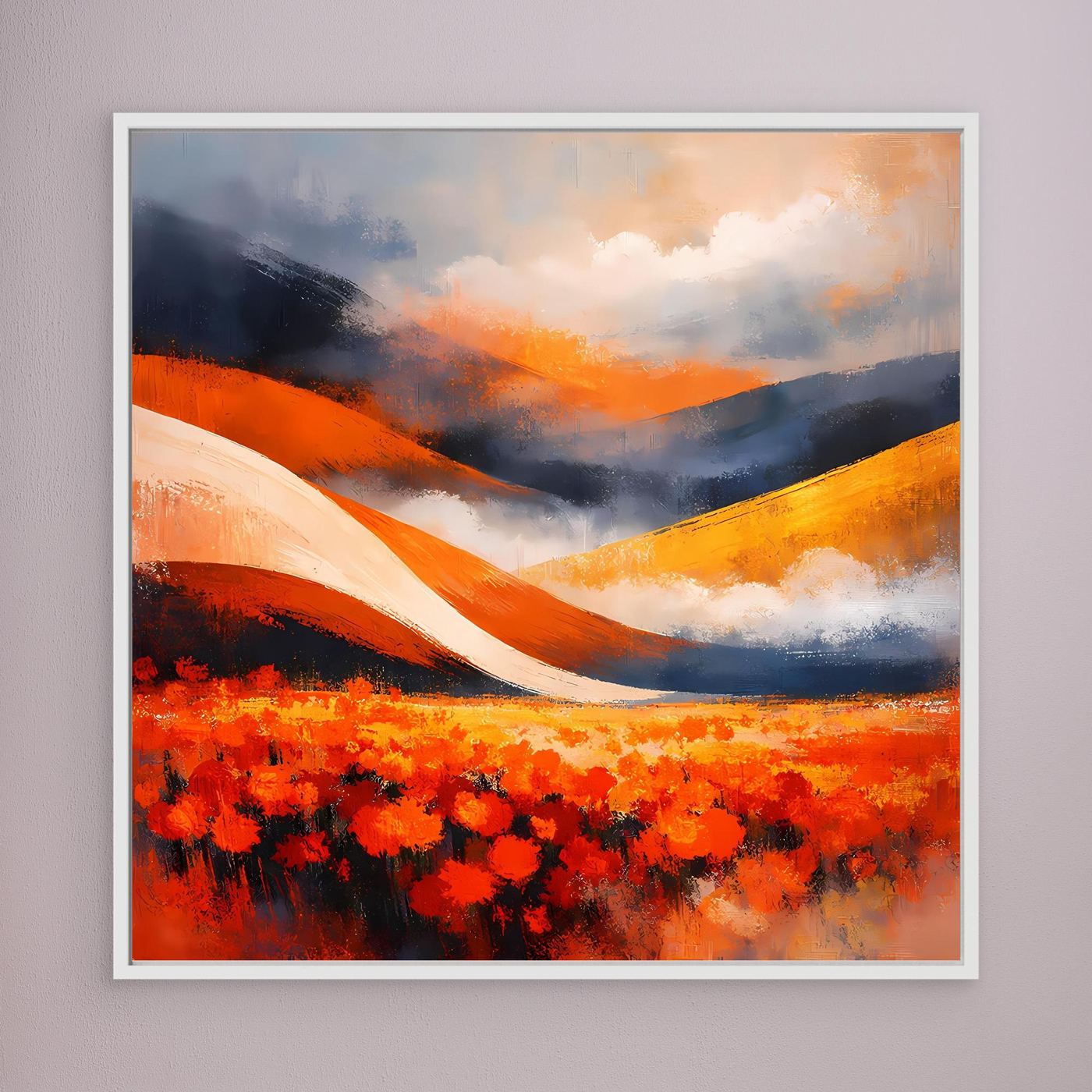 Leinwandbild mit weißem Rahmen: rote Blumenwiese und orangefarbene Hügel in abstrakter Malerei.