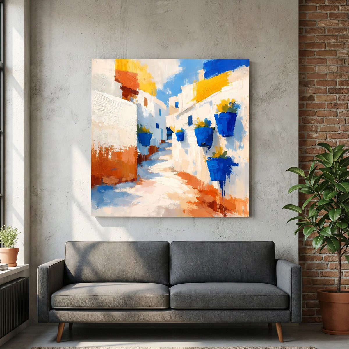 Abstraktes Leinwand-Wandbild mit Gasse, blauen Töpfen und weißen Wänden vor Backstein-Optik