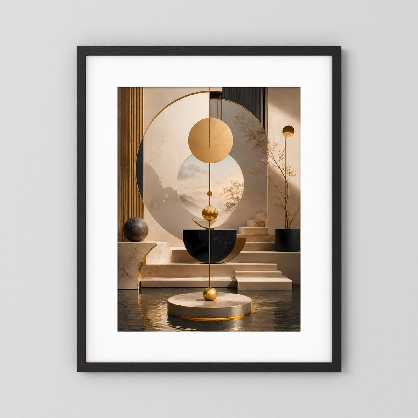 Abstraktes Geometrie-Poster im Hochformat mit schwarzem Rahmen und weißem Rand, Goldakzente