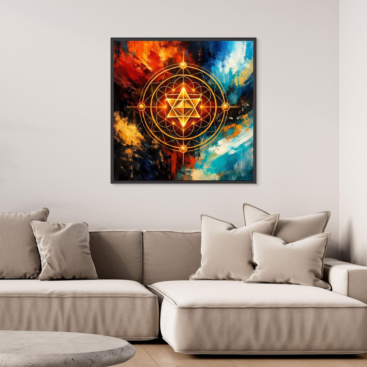 Leinwandbild mit Merkaba-Symbol in Gold, Rot und Blau, mit dunklem Rahmen