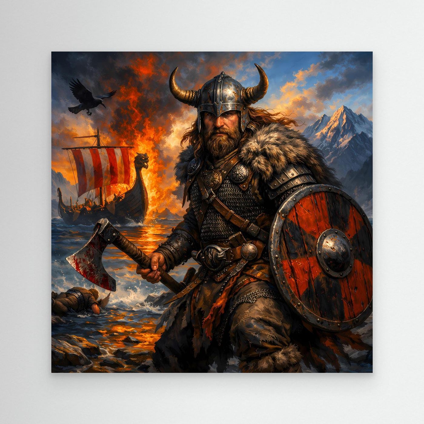 Leinwand Epischer Wikinger-Krieger an der Küste | Modernes Nordisches Wandbild