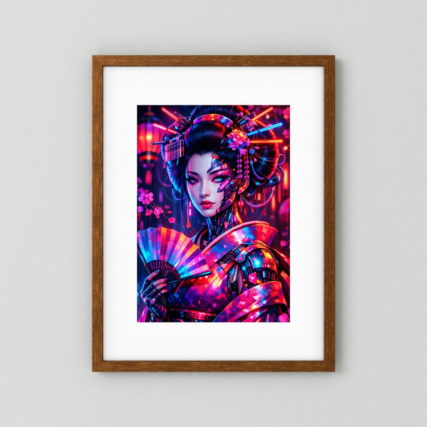 Neonkunst-Poster Cyber-Geisha, brauner Holzrahmen, weißer Rand, Hochformat.