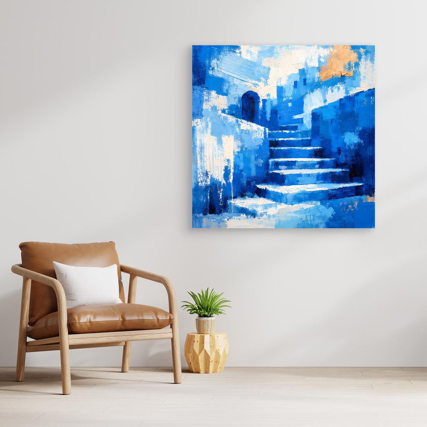 Abstraktes Leinwand-Wandbild mit blauem Treppenweg, ohne sichtbaren Rahmen