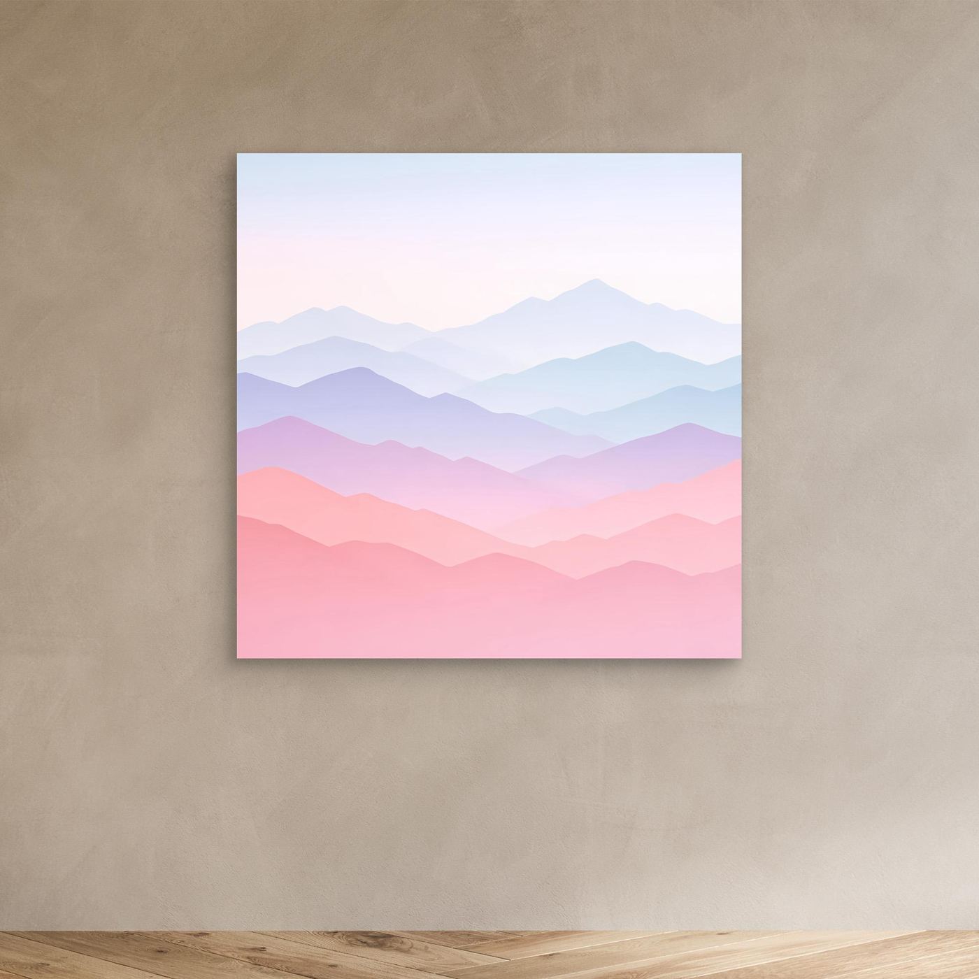 Leinwandbild Berglandschaft Pastellrosa und Blau, minimalistisches Motiv, ohne Rahmen