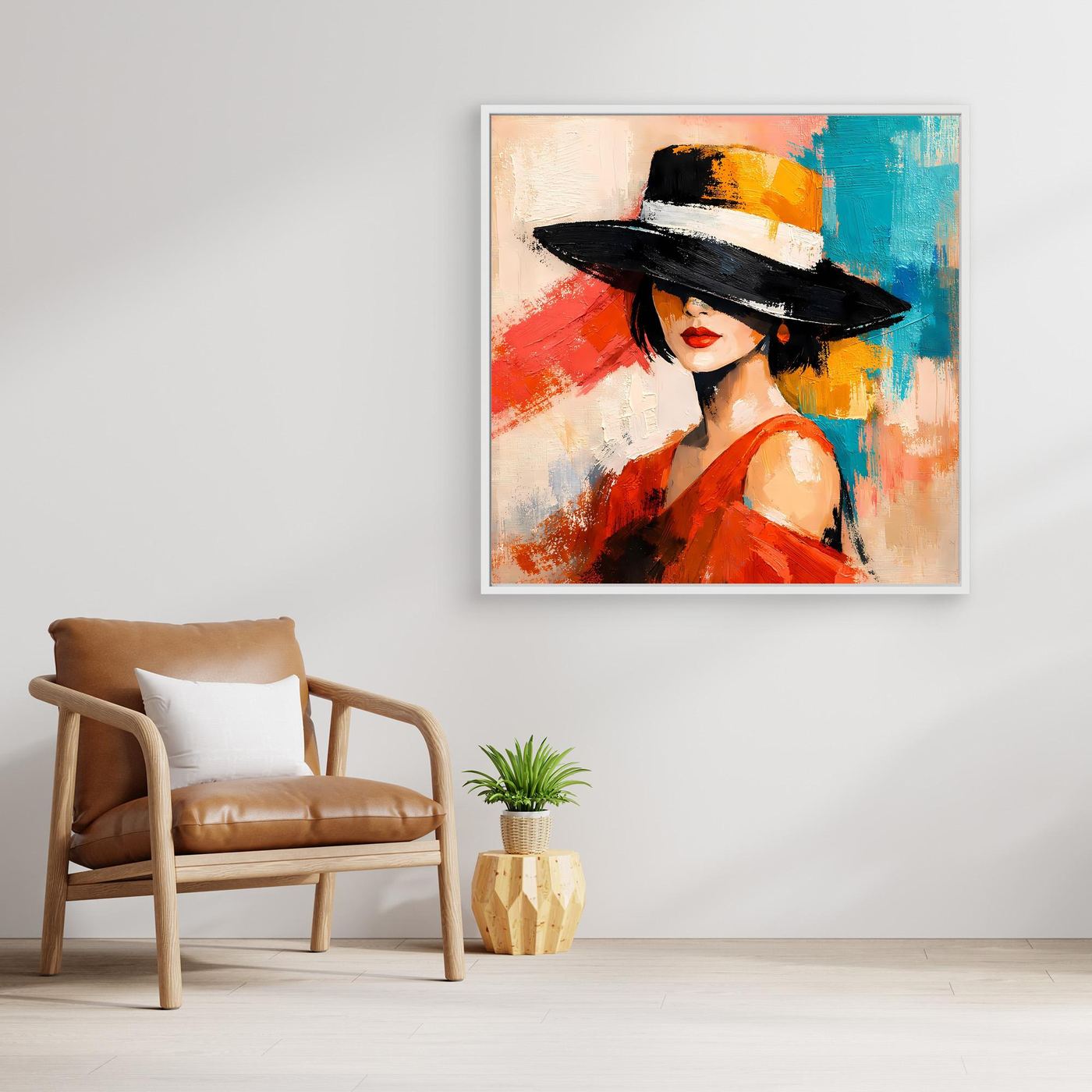 Abstract portrait wall art with white frame: woman in a black hat and red dress