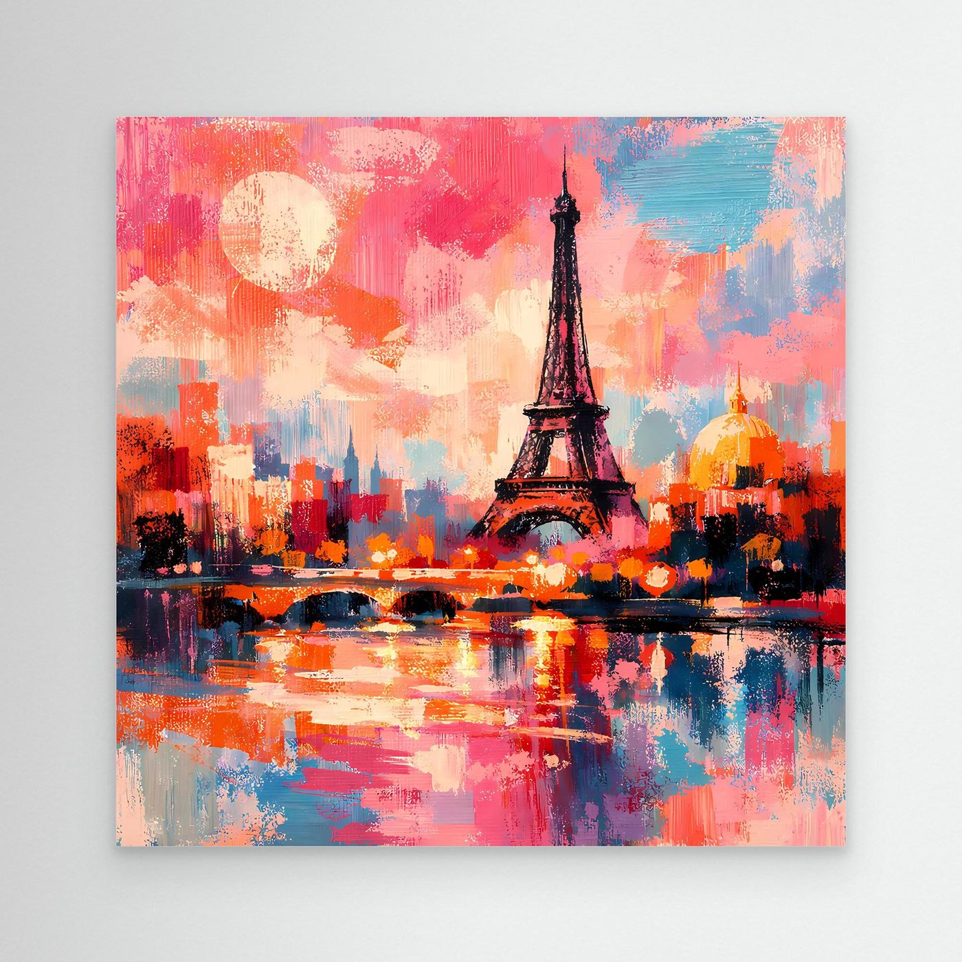 Abstraktes Leinwand-Wandbild mit Eiffelturm, Stadtlandschaft, rosen- und blaugetönt, ohne Rahmen