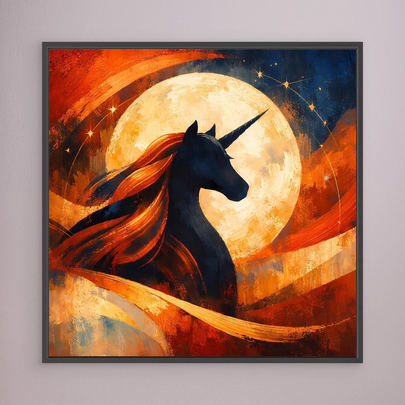 Gerahmtes Leinwandbild mit Einhorn und Vollmond, dunkler Rahmen, abstrakte Rot- und Blautöne