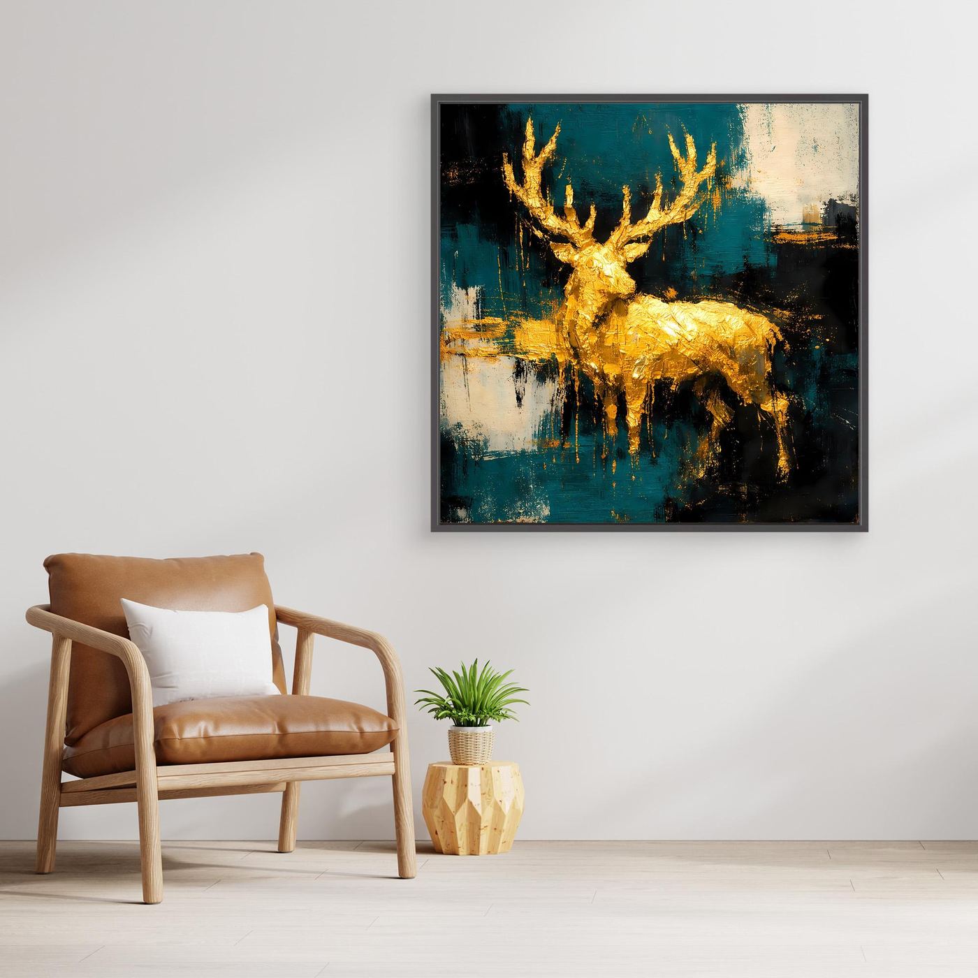 Leinwand Goldener Hirsch in abstrakter Landschaft | Modernes Edel-Tier Wandbild