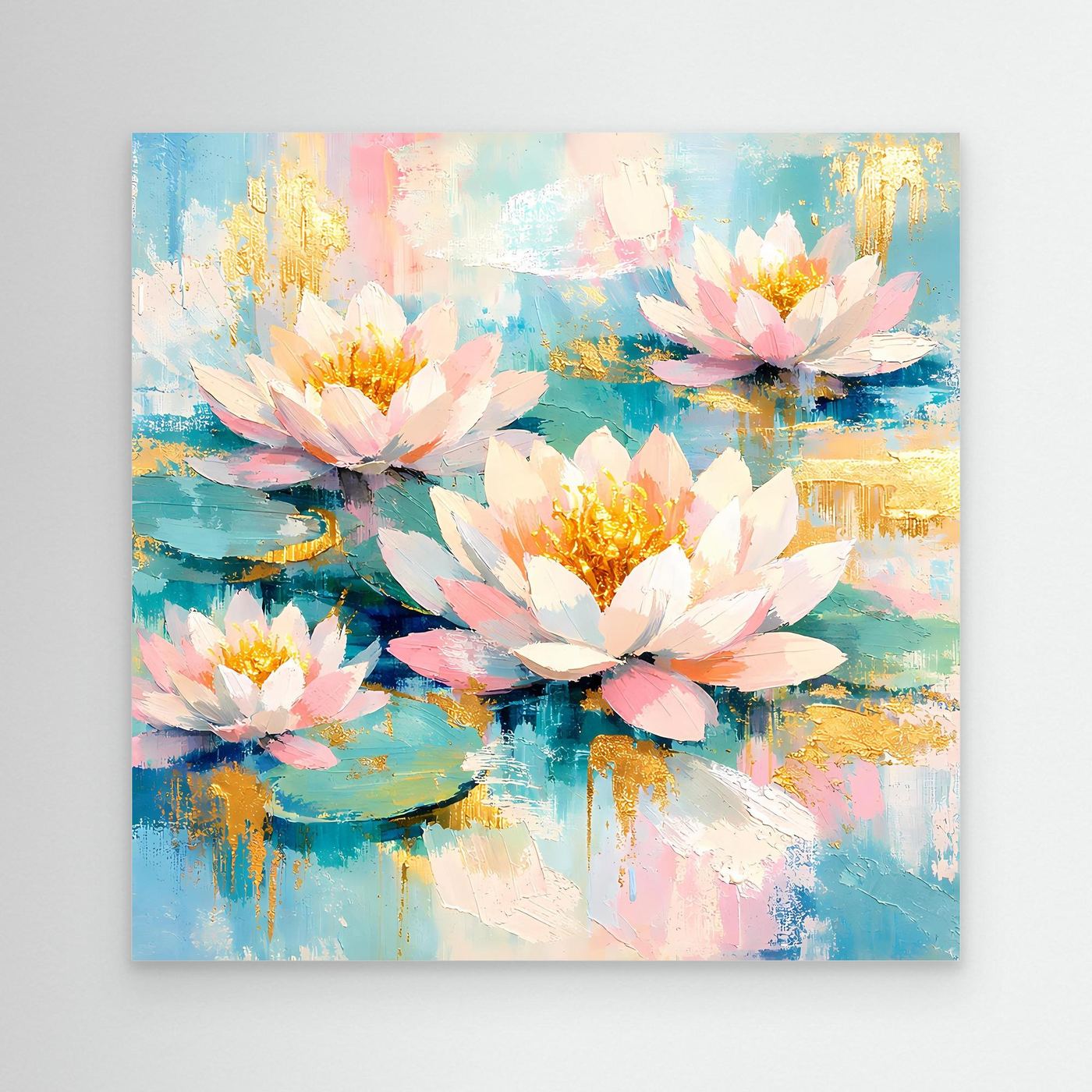 Leinwandbild mit abstrakten Seerosen in Weiß, Rosa und Gold auf türkis-blauen Flächen