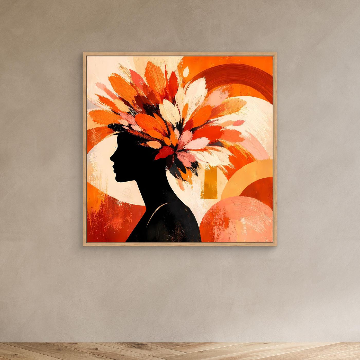 Leinwandbild mit Frauensilhouette und Blumenmuster, heller Holzrahmen
