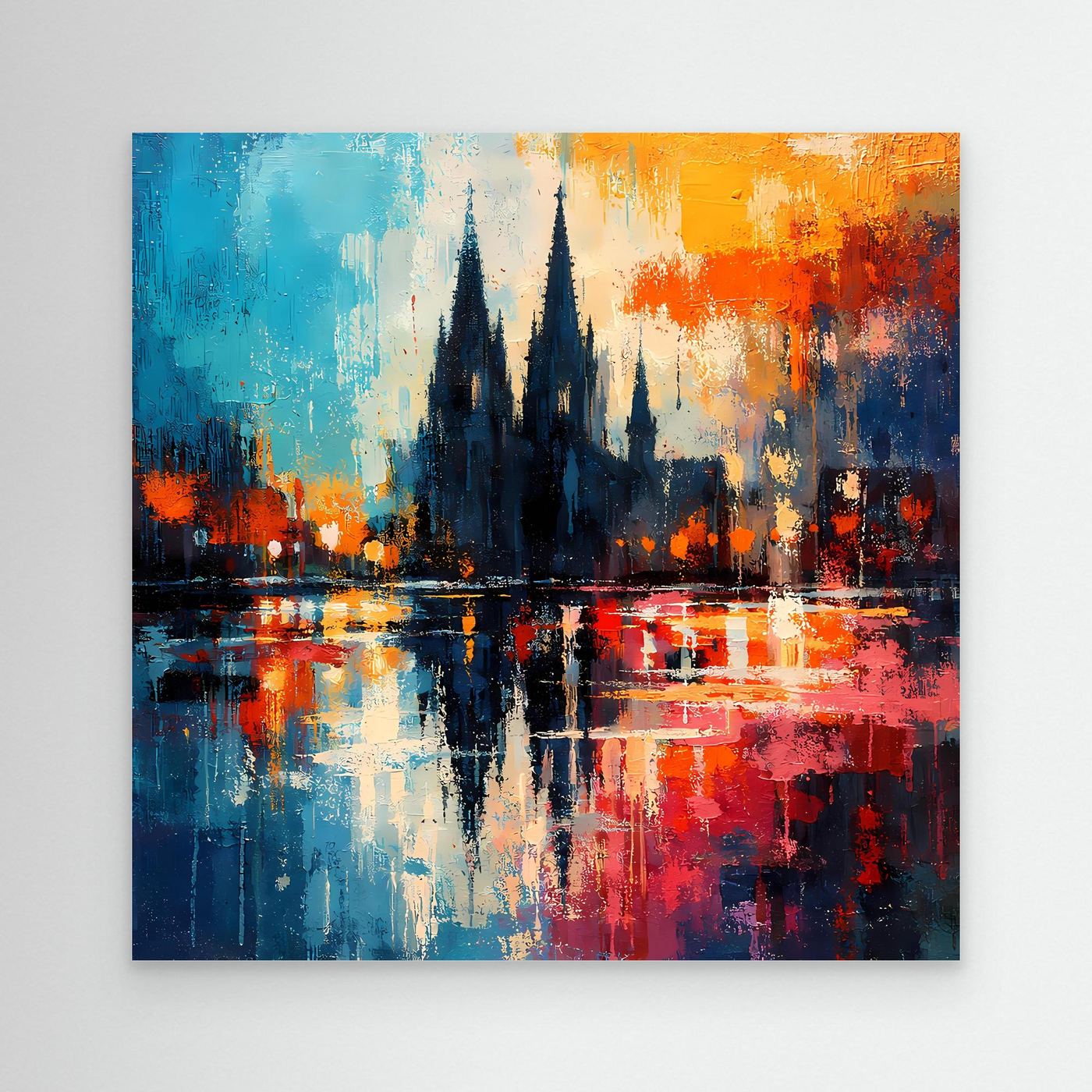 Abstraktes Leinwandbild mit dunklen Kathedraltürmen, Spiegelung im Fluss und farbigen Spritzern