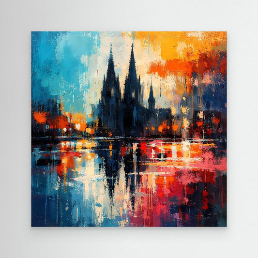 Abstraktes Leinwandbild mit dunklen Kathedraltürmen, Spiegelung im Fluss und farbigen Spritzern
