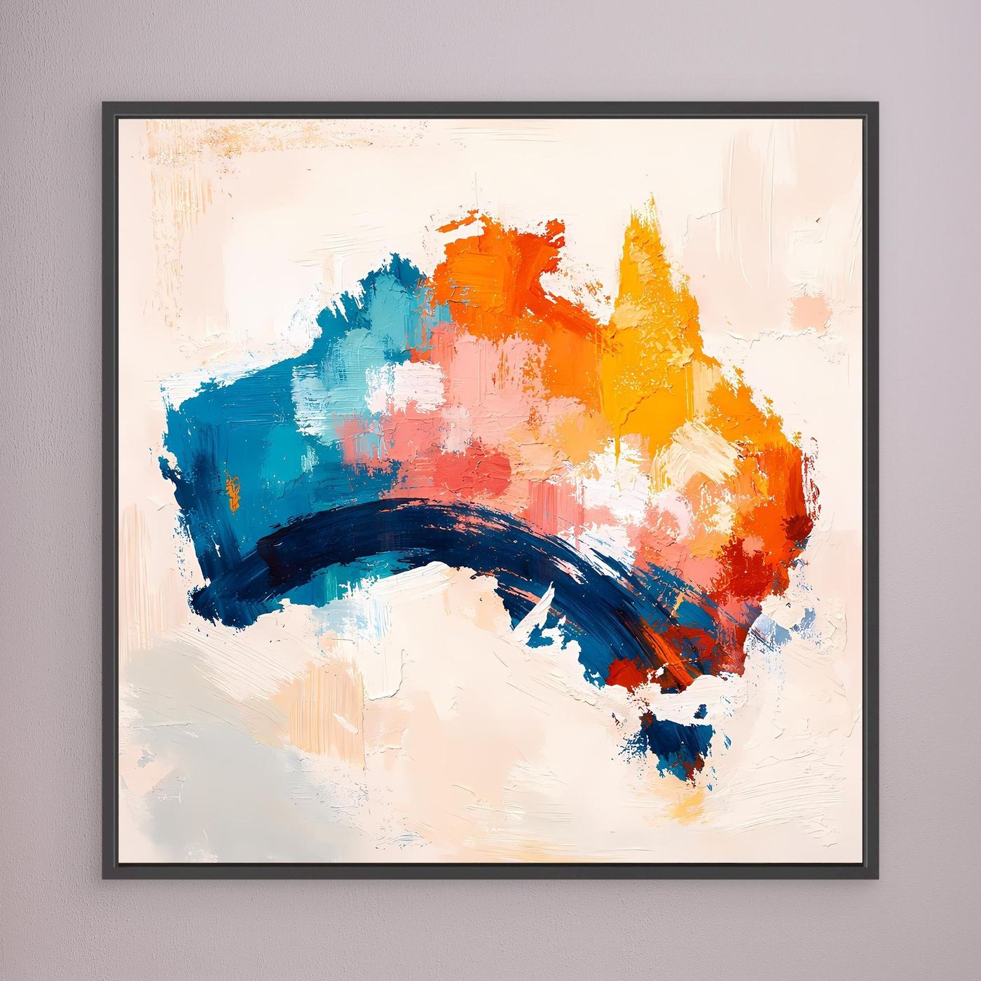 Abstract Australia map wall art in black frame, blue ocean tones with orange and yellow