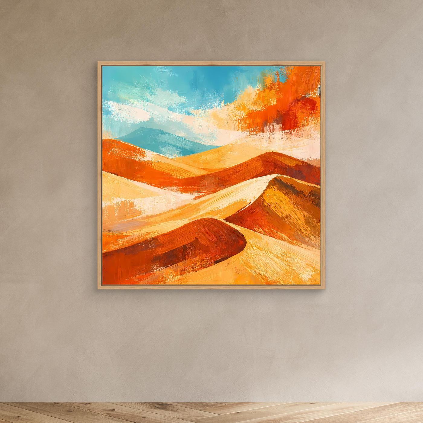 Abstract desert landscape canvas art with orange and gold dunes in an oak frame
