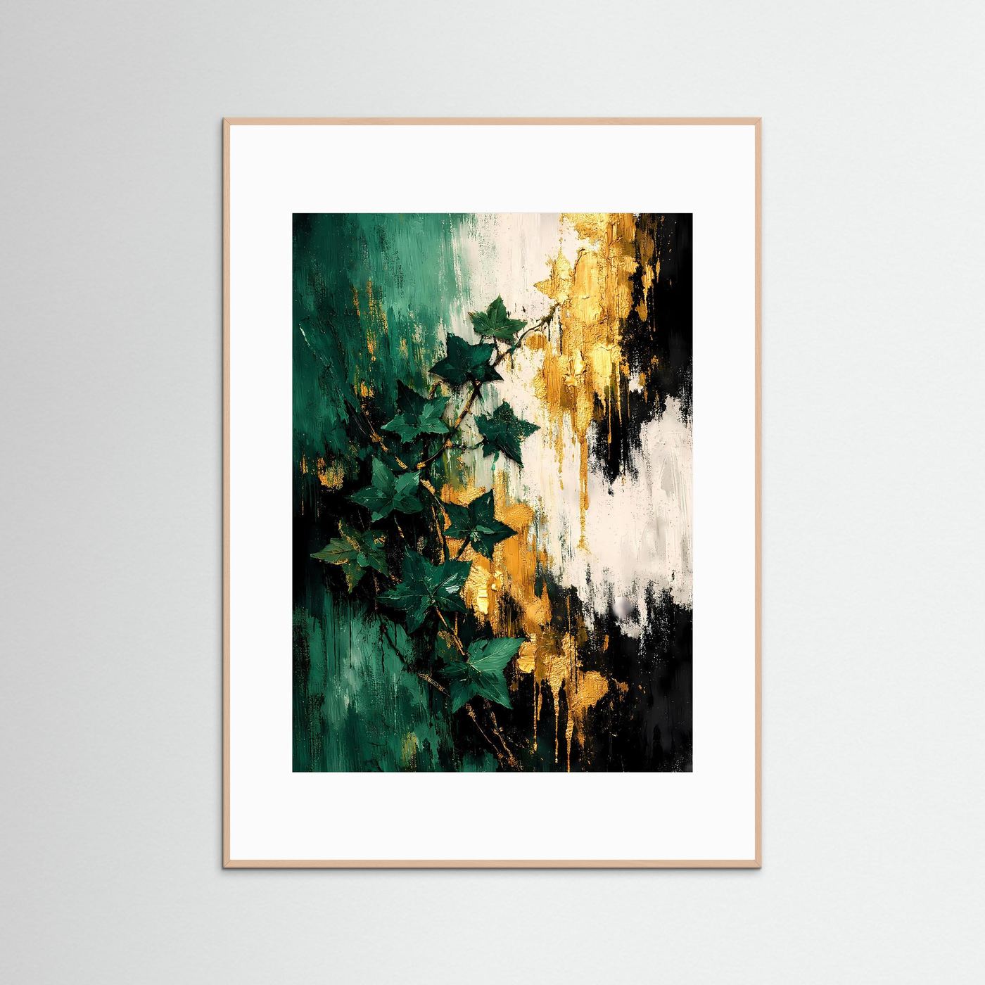 Kunstposter im Hochformat mit Efeublättern in Smaragdgrün und goldenen Akzenten, rosafarbener Rahmen