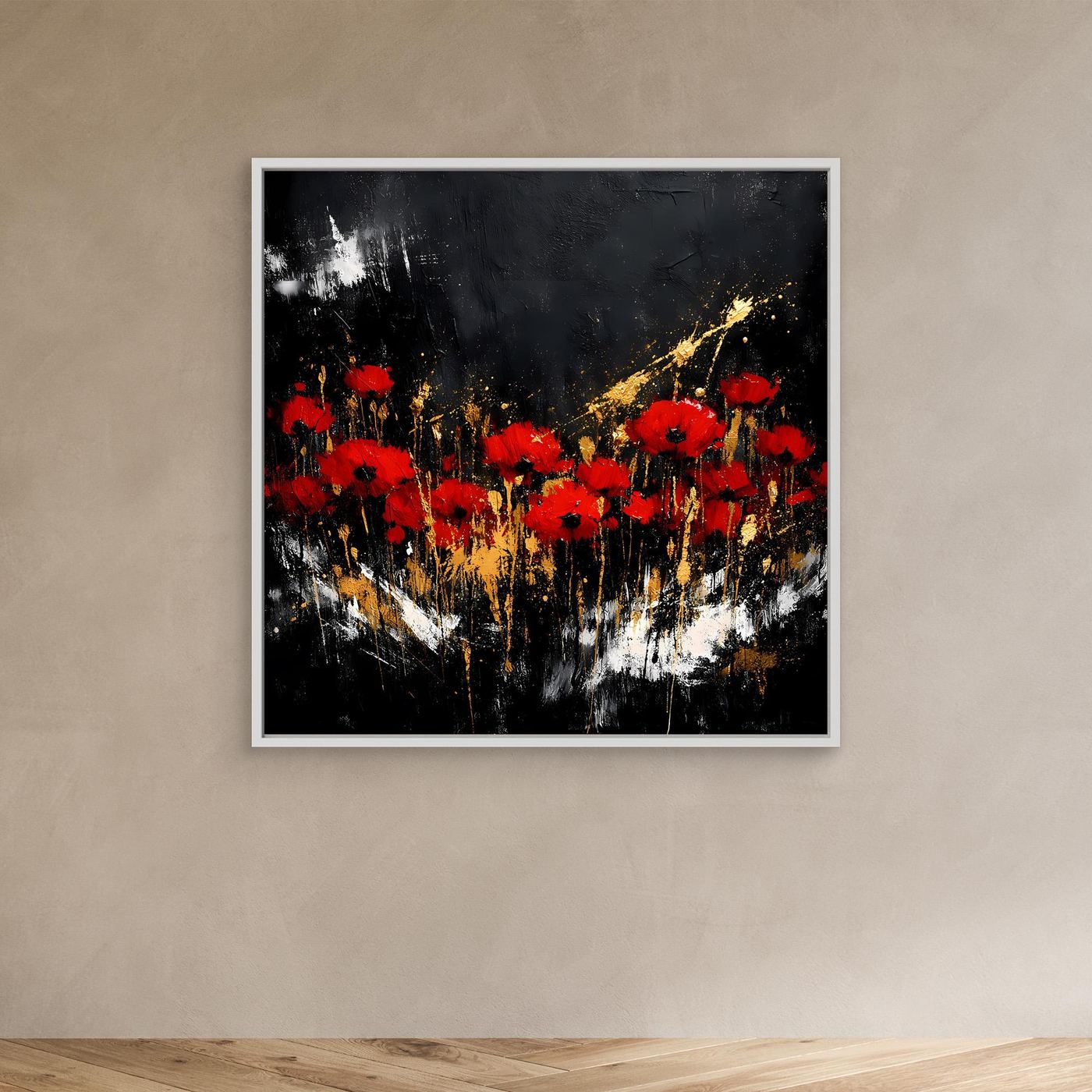 Leinwand Rote Mohnblumen mit Gold-Akzenten | Modernes Florales Wandbild Abstrakt