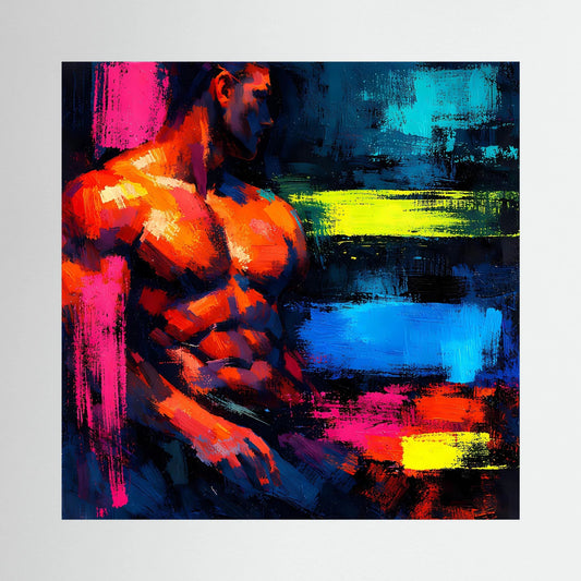 Leinwandbild mit abstraktem männlichem Torso in Neonfarben auf Holzkeilrahmen, Querformat