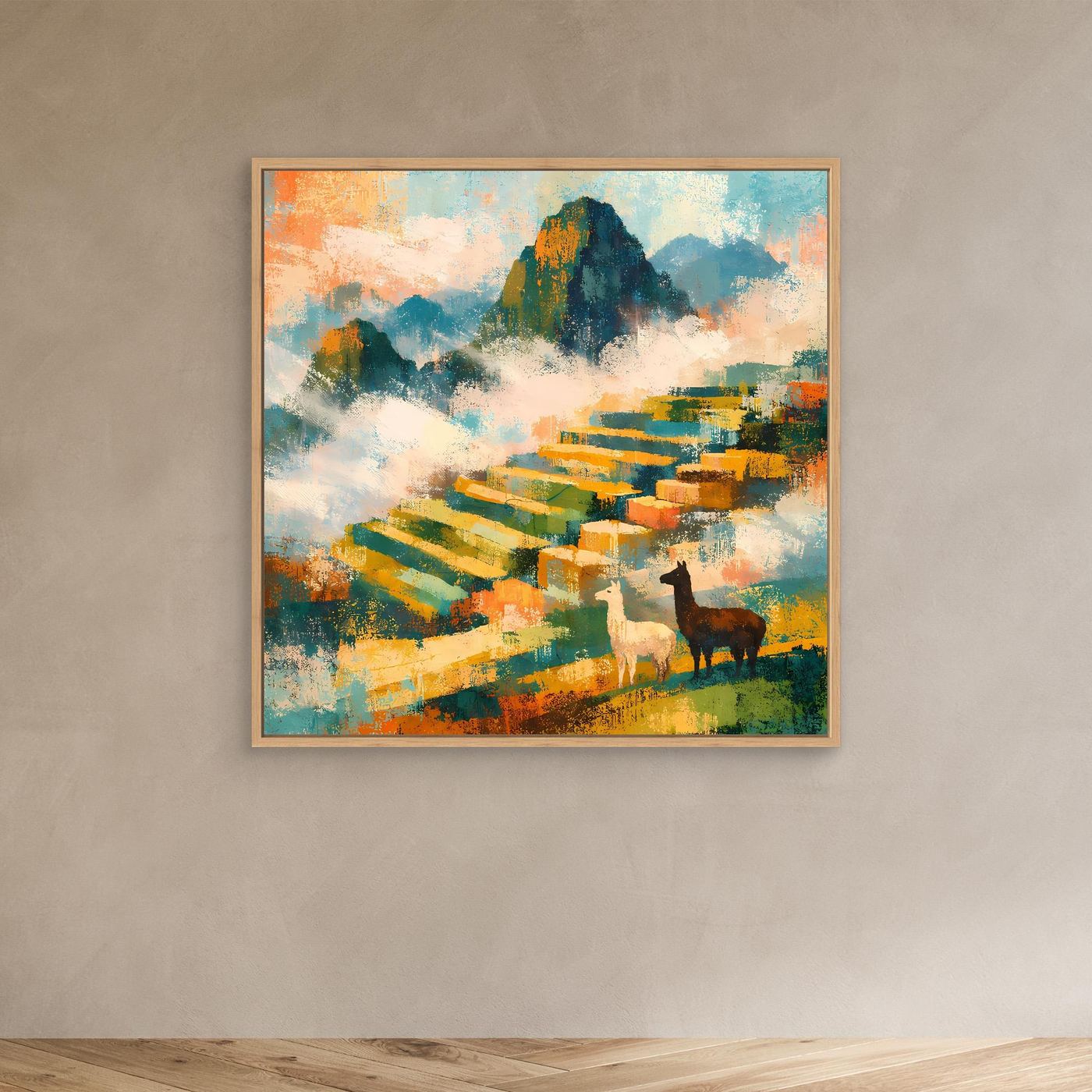 Leinwand-Wandbild mit abstrakter Landschaft, farbigen Terrassen und zwei Alpakas, goldener Rahmen