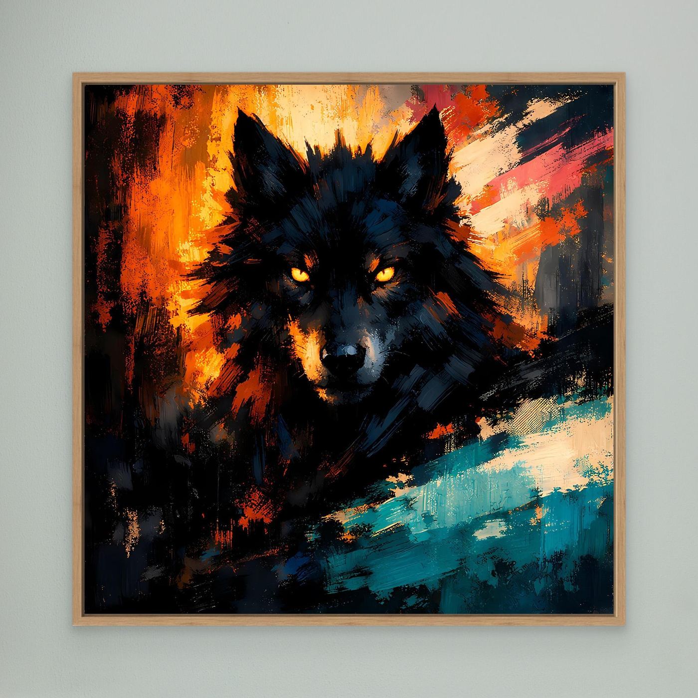 Wandbild mit abstraktem Wolf im Feuerlicht, dunkles Fell, Holzrahmen, orange und türkis