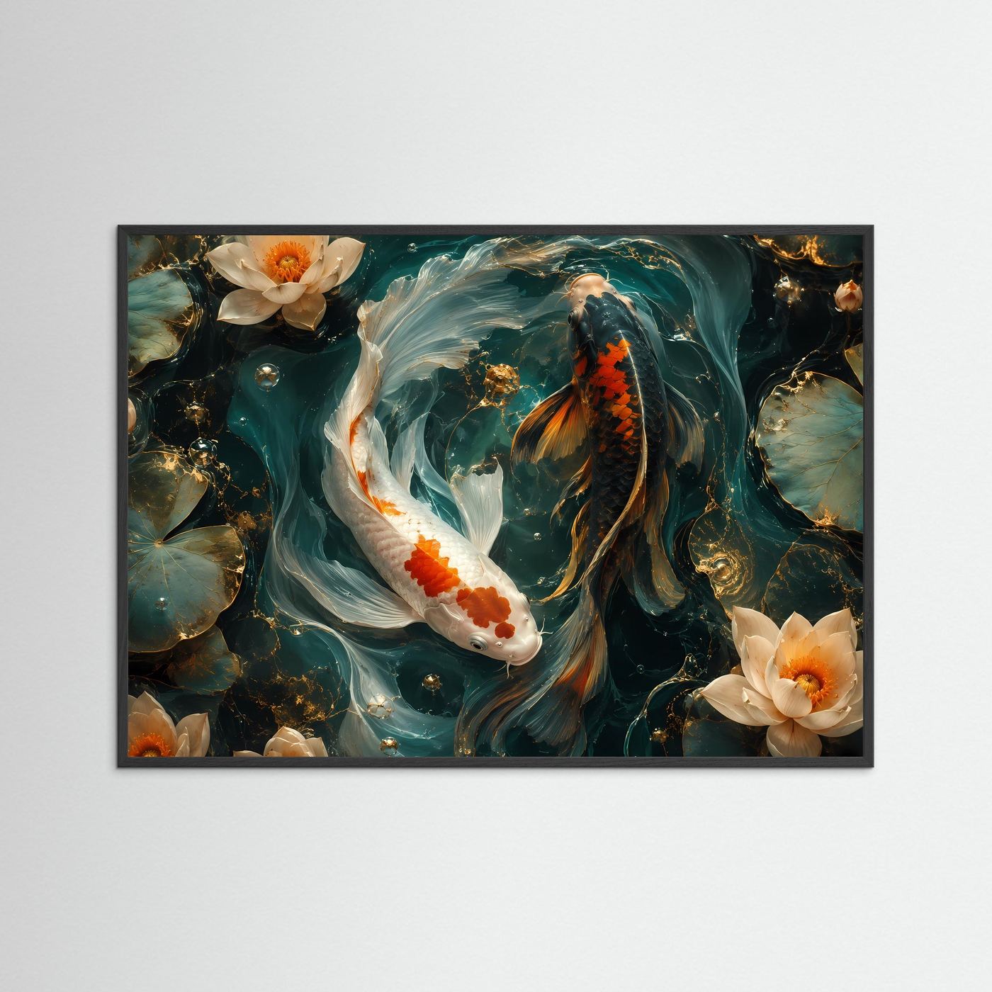 Yin Yang Koi Fische mit Lotusblüten | Elegantes Feng Shui Poster Querformat