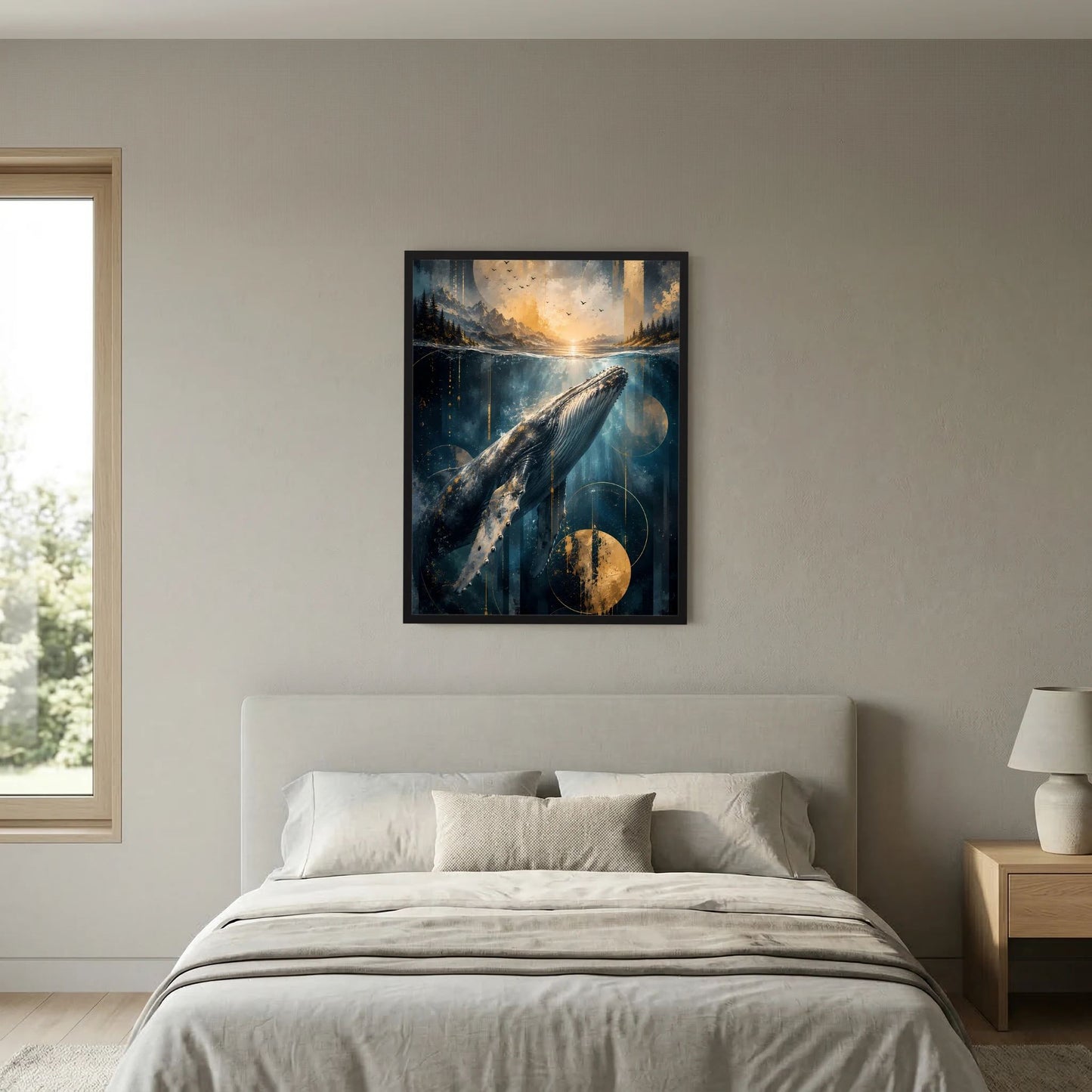 Gerahmtes Hochformat-Poster mit Pottwal im Ozean, blau und gold, goldene Kugel
