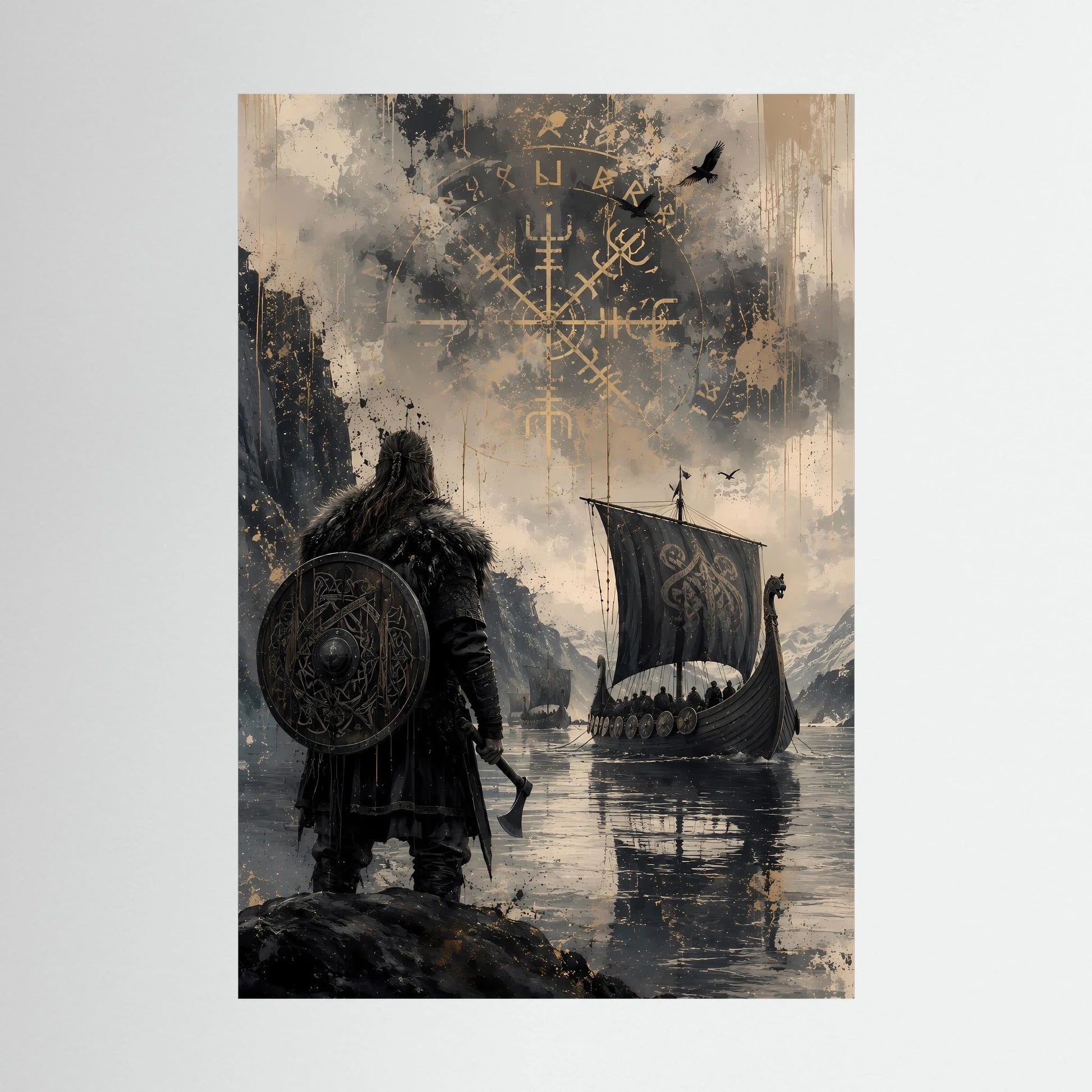 Hochformatiges Poster: Wikingerkrieger mit Schild, Langschiff und Runensymbolen oben
