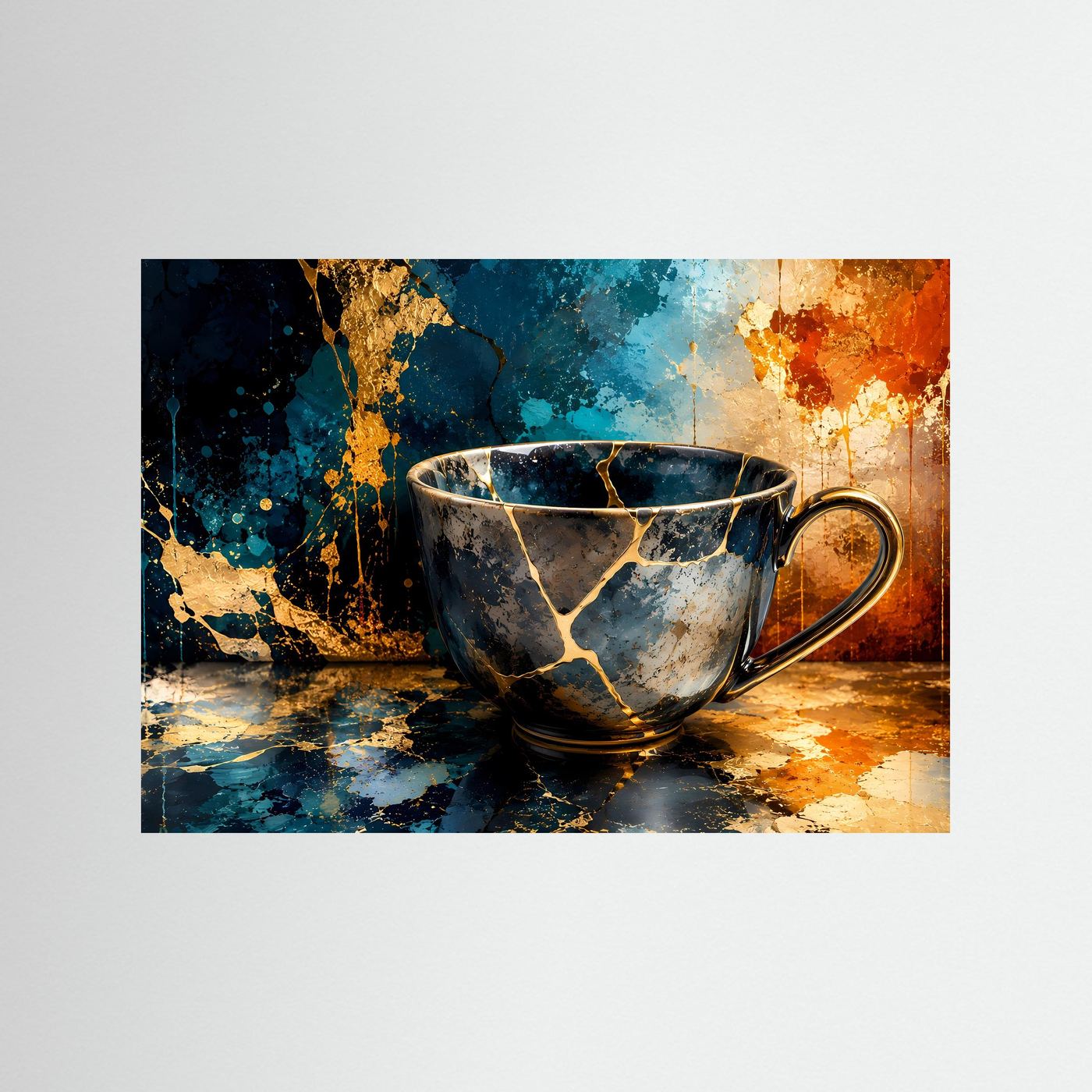 Kintsugi Tasse Poster Querformat | Moderne Japanische Wandkunst in Blau & Gold | Elegantes Stillleben Wandbild