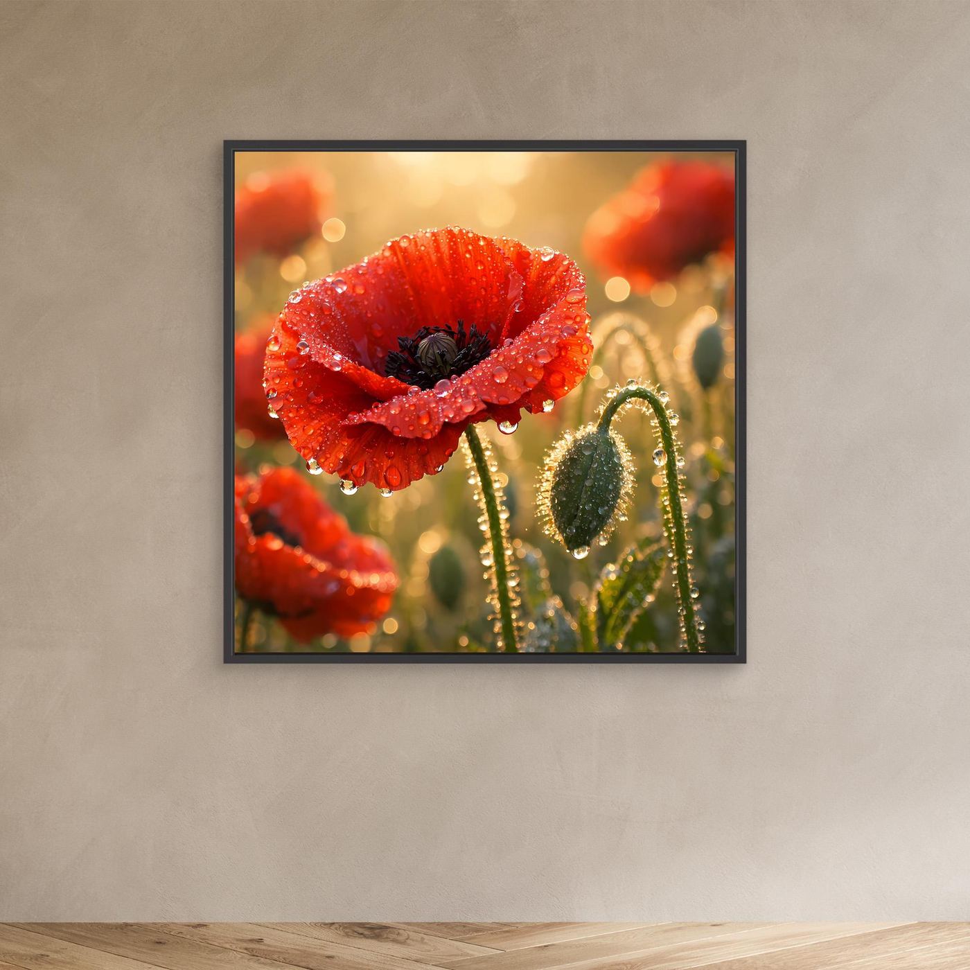 Leinwandbild mit rotem Klatschmohn und Wassertropfen, schwarzer Rahmen