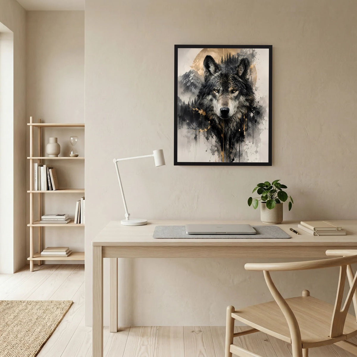 Gerahmtes Wolfporträt als Wandbild mit goldenen Spritzern auf grauem Hintergrund