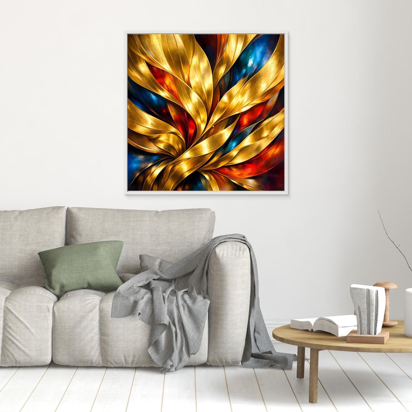 Kleines Leinwandbild mit abstrakten Goldwellen, blau und rot, weißer Rahmen